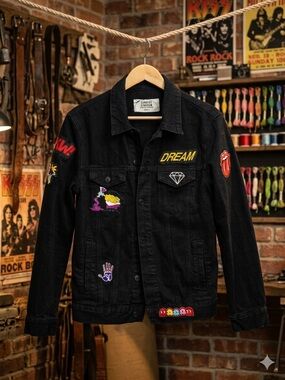 Black Embroidered Patch Denim Jacket - Dream